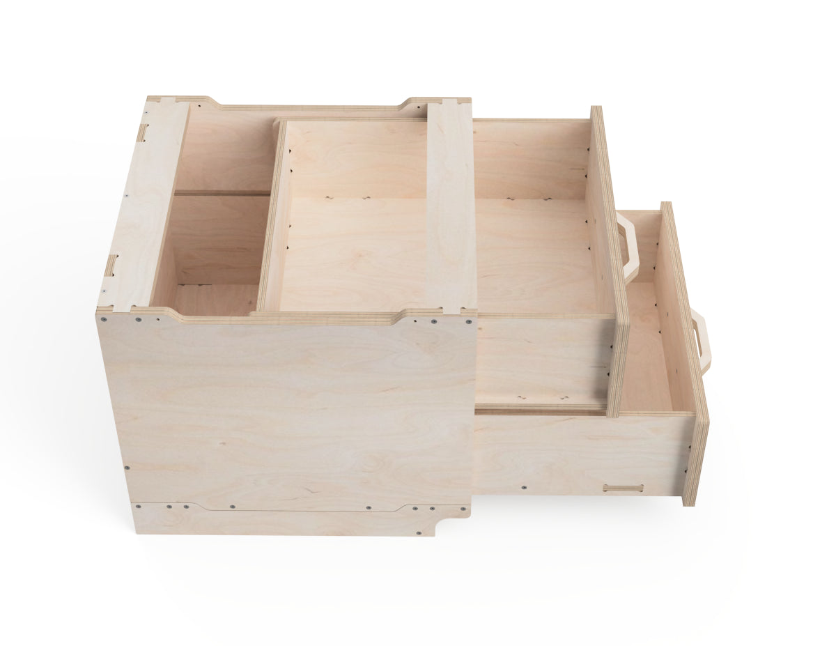 Cabinet module with drawers open, showing storage space