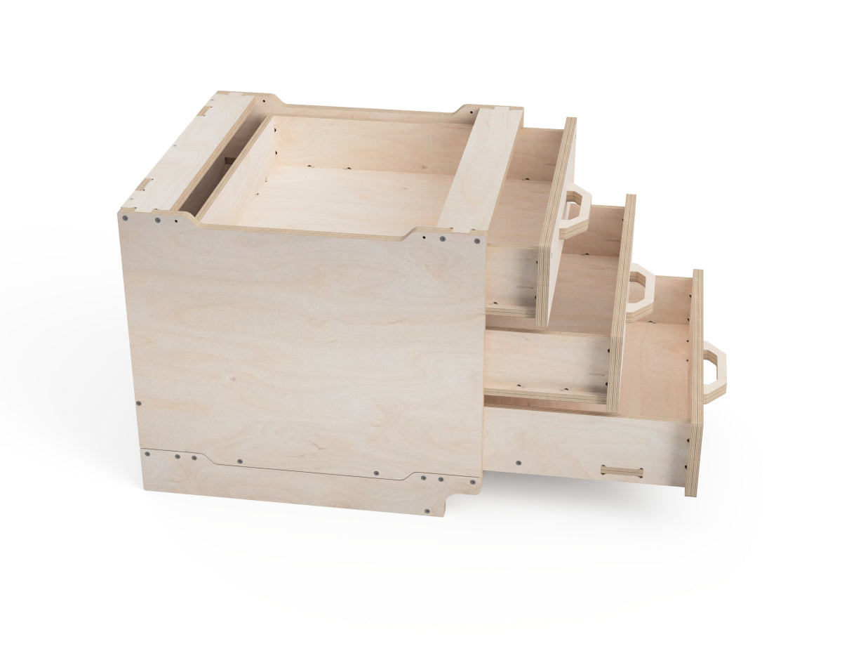 Drawer detail of modular cabinet showing no-slide design