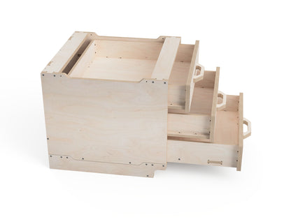 Drawer detail of modular cabinet showing no-slide design