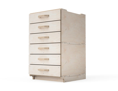 Side view of modular workshop cabinet with 3 built-in drawers