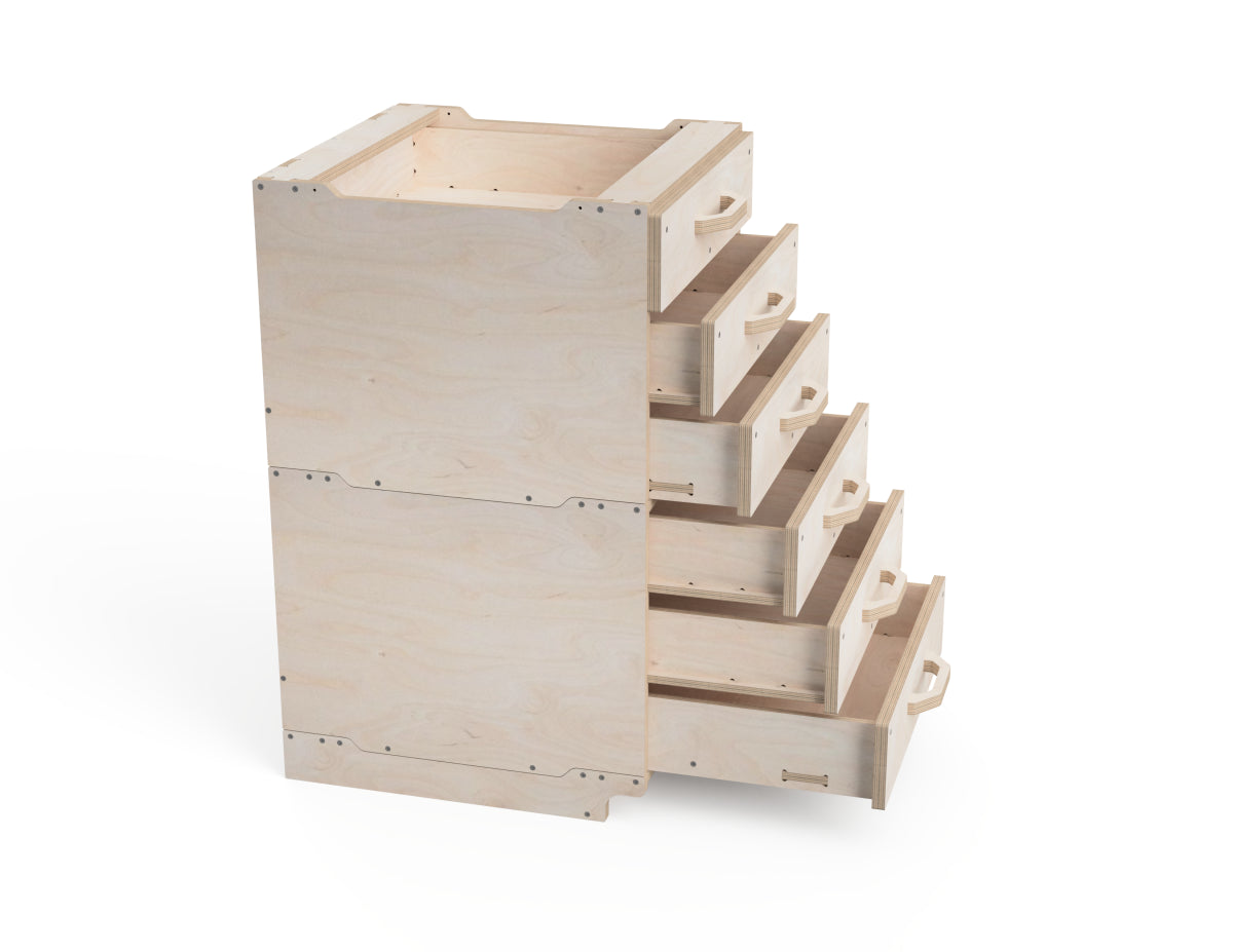 Drawer detail of modular cabinet showing no-slide design