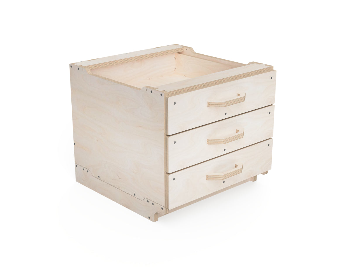 Side view of modular workshop cabinet with 3 built-in drawers