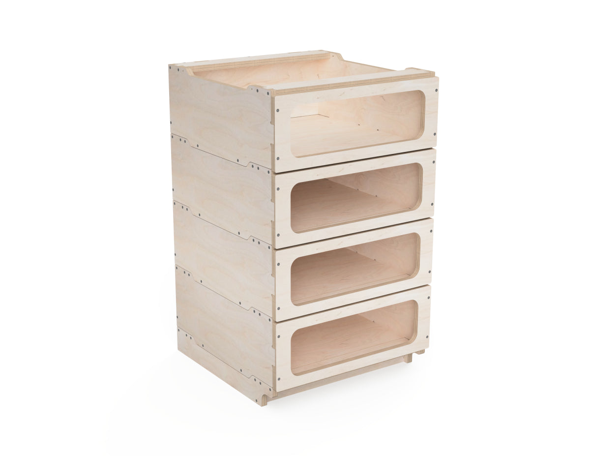 CNC-cut small open shelf cabinet module stacked with other units