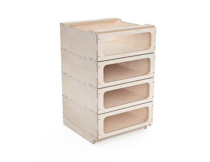 CNC-cut small open shelf cabinet module stacked with other units