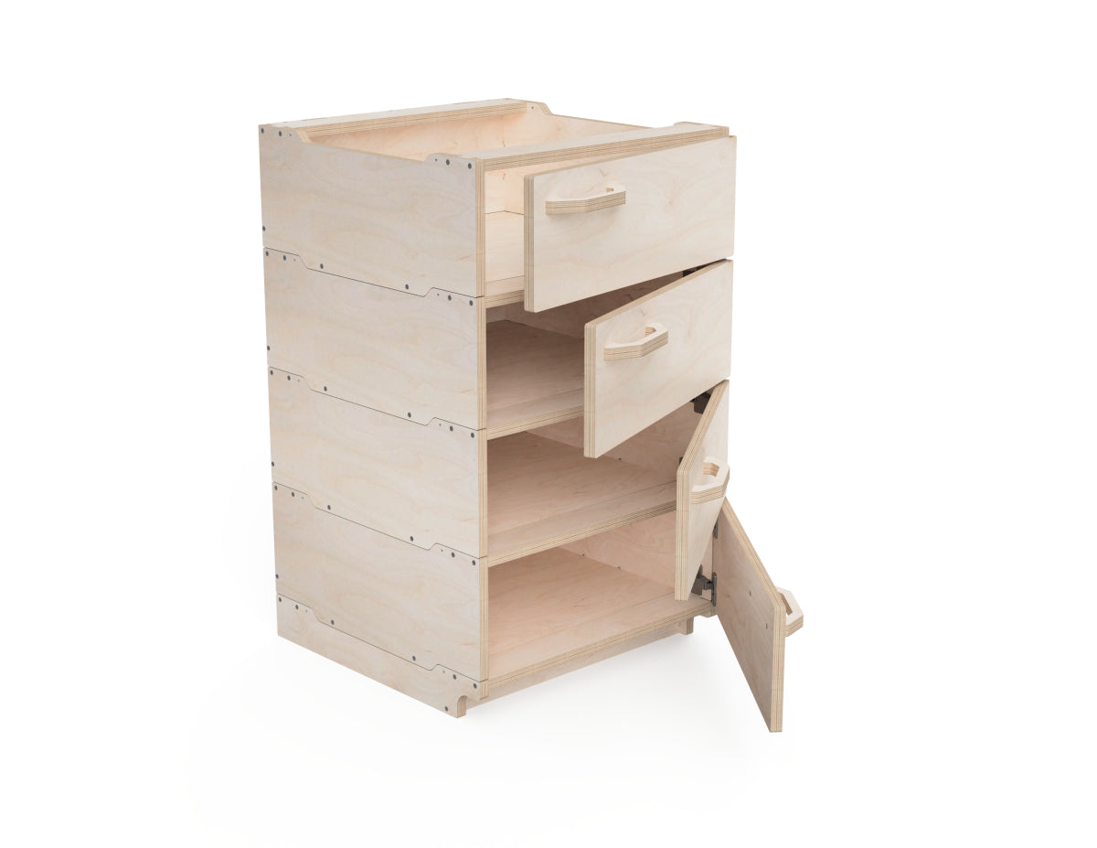 Stackable modular cabinet sections rendered for workshop storage