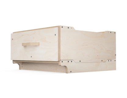 CNC-cut ¼-height workshop cabinet module with built-in drawer.