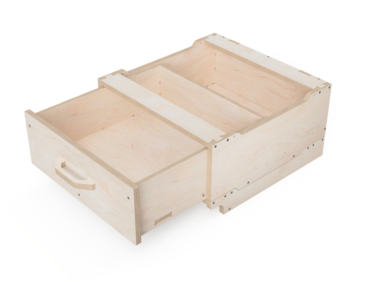 Exploded render showing CNC-cut parts of the cabinet module.