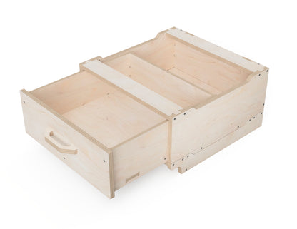 Exploded render showing CNC-cut parts of the cabinet module.