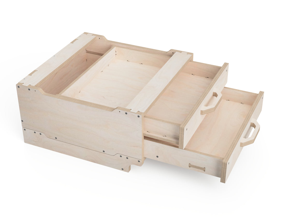 CNC-cut workshop cabinet module showing two drawer compartments