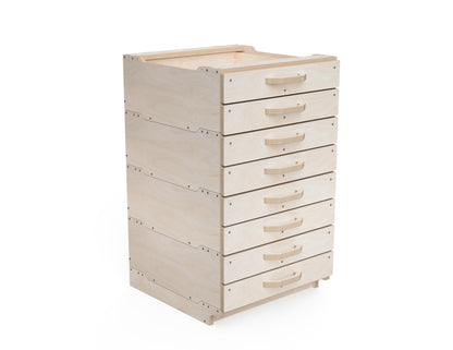 Modular workshop cabinet small module with two built-in drawers rendered in plywood.