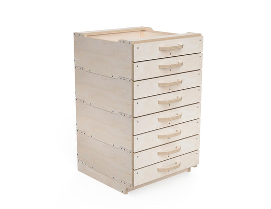 Modular workshop cabinet small module with two built-in drawers rendered in plywood.