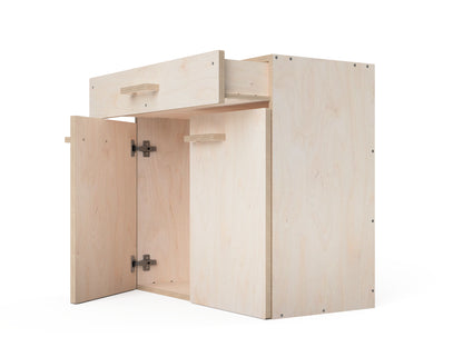 Double cabinet for modular workbench with included work surface
