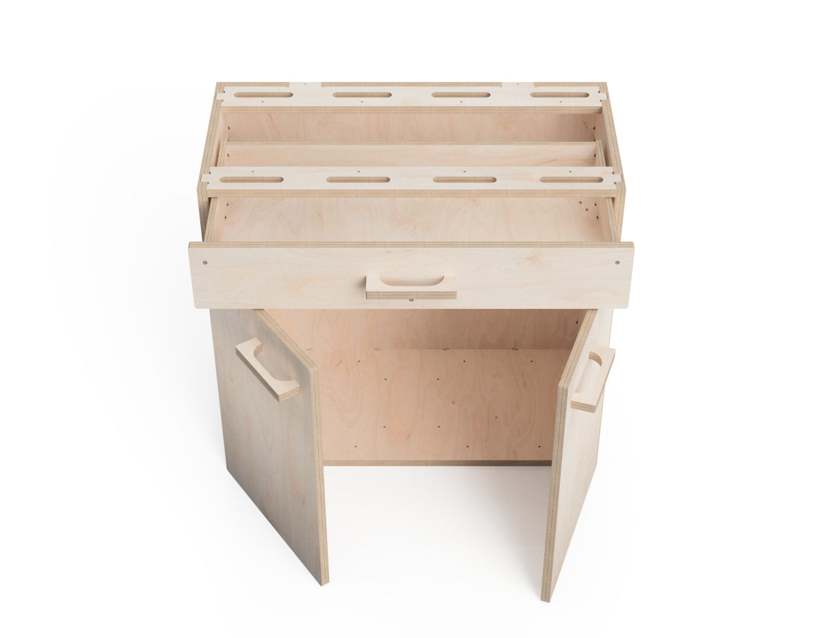 Workbench storage solution with top drawer and door panels