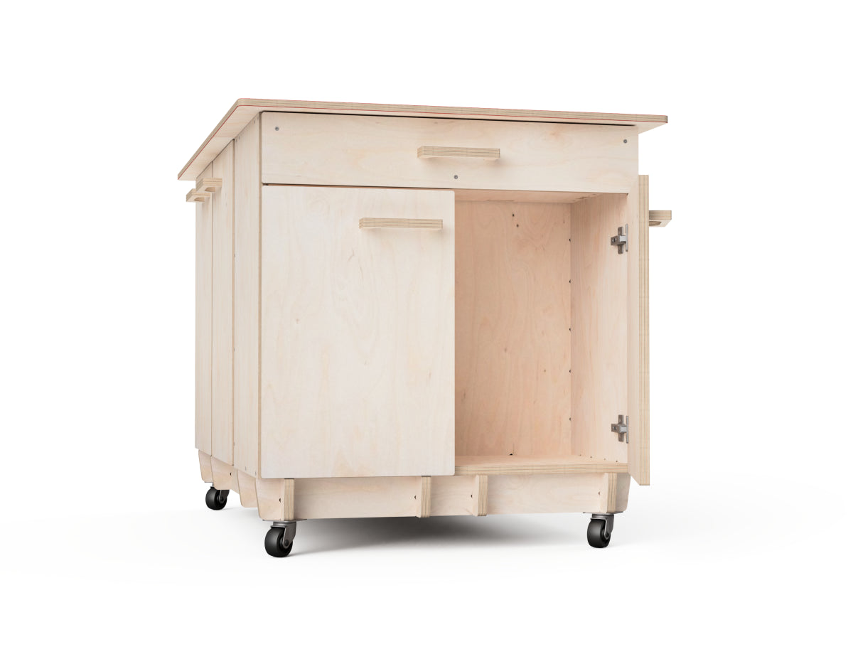 Modular workshop setup with drawer and double cabinet panels