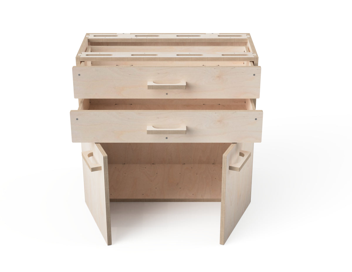 Double module workbench organizer with two-door design