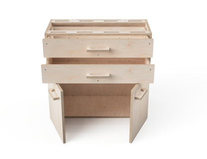 Double module workbench organizer with two-door design