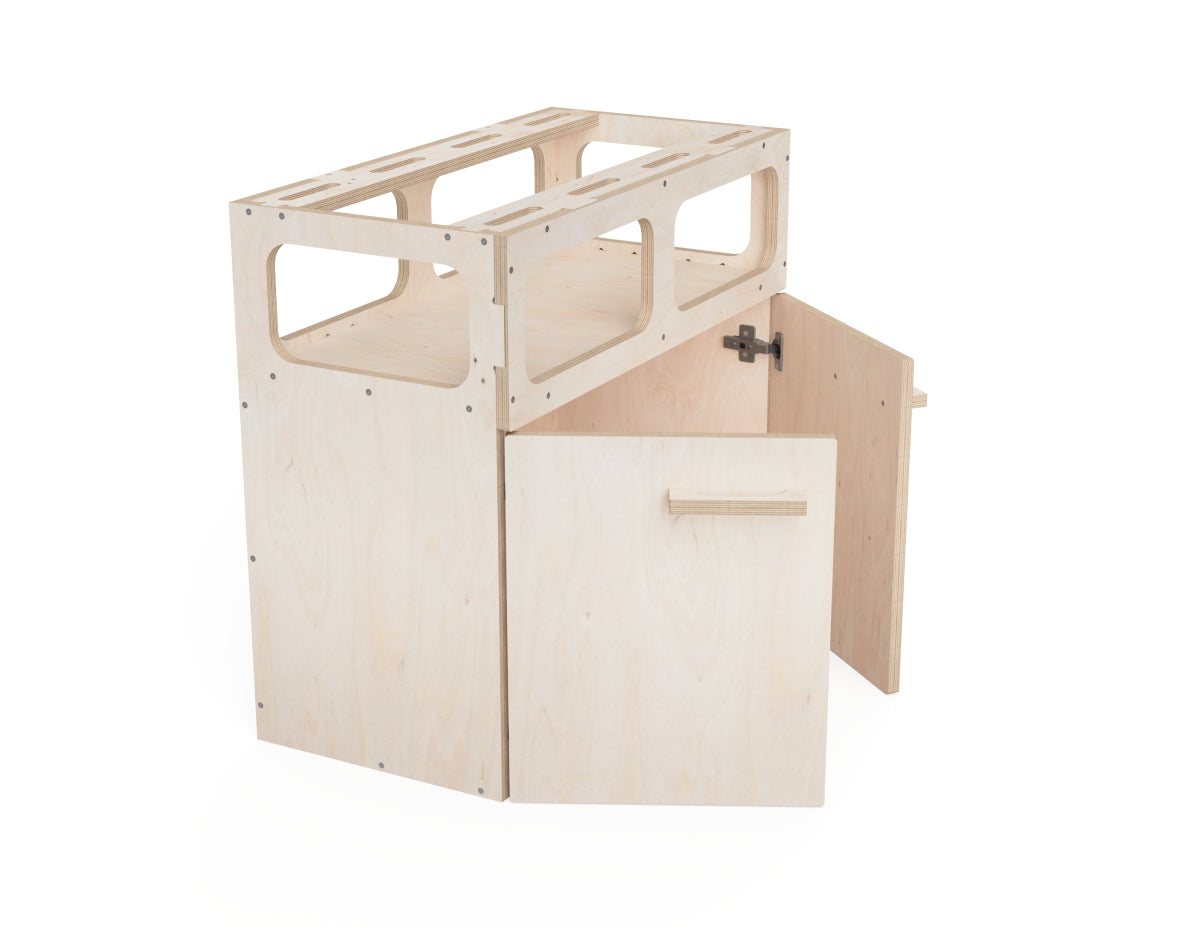 Plywood modular workbench cabinet design with shelf and doors