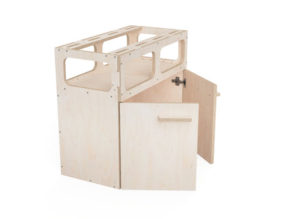 Plywood modular workbench cabinet design with shelf and doors