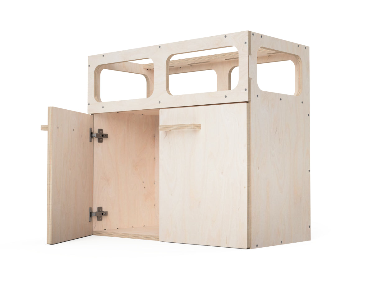 Plywood modular workbench cabinet design with shelf and doors