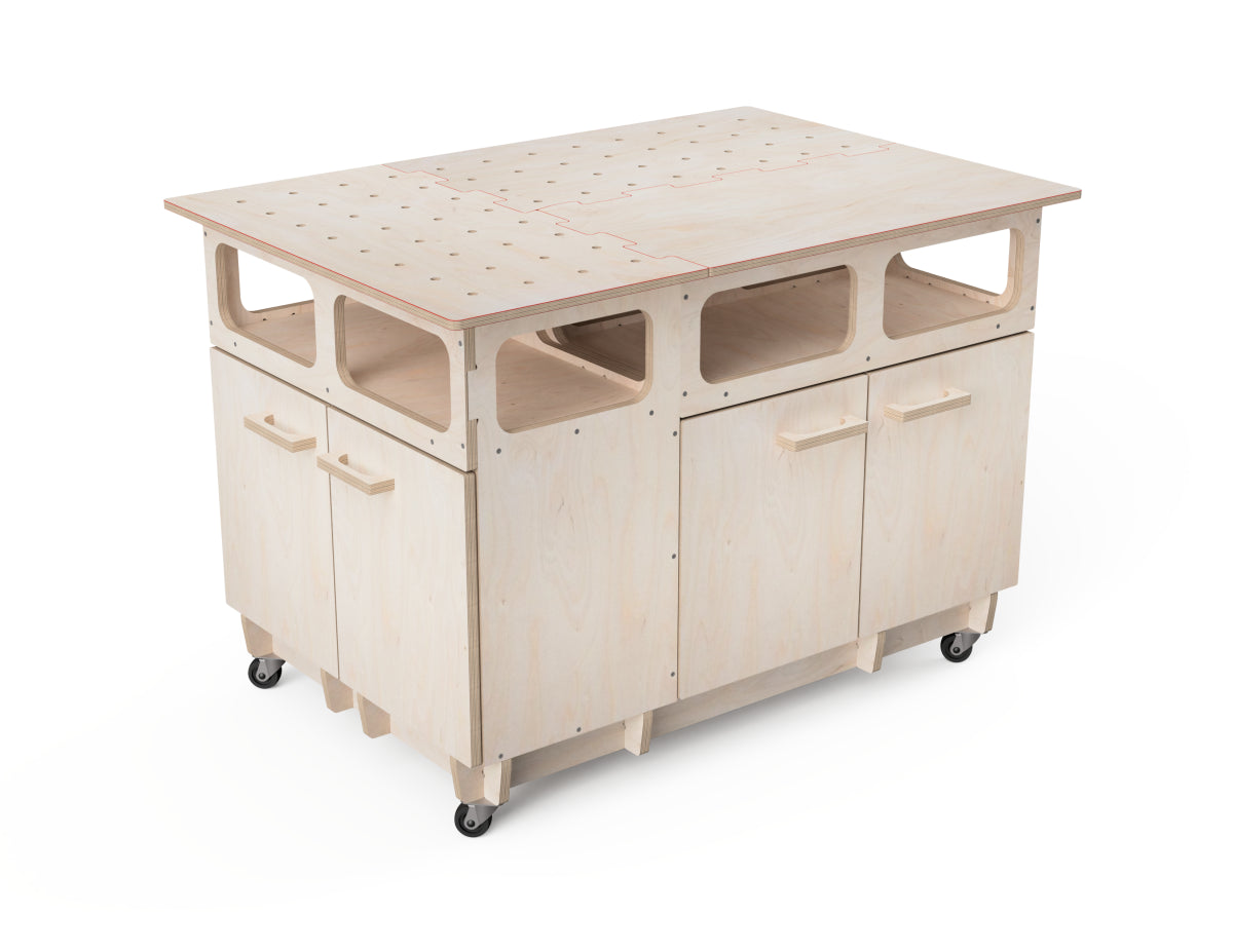 DIY CNC cut workbench cabinet plans with closed and open storage