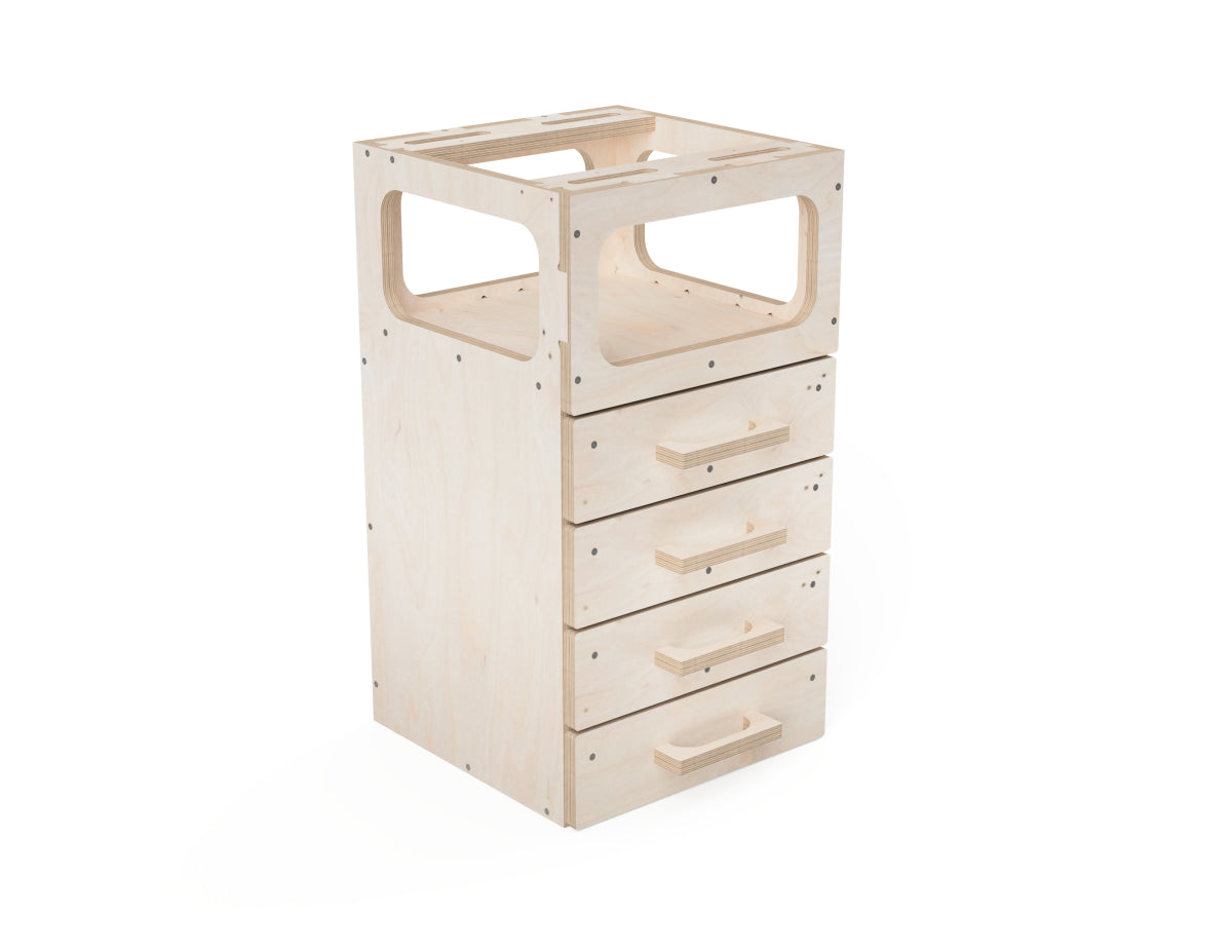 CNC modular workbench attachment with open shelf and four drawers