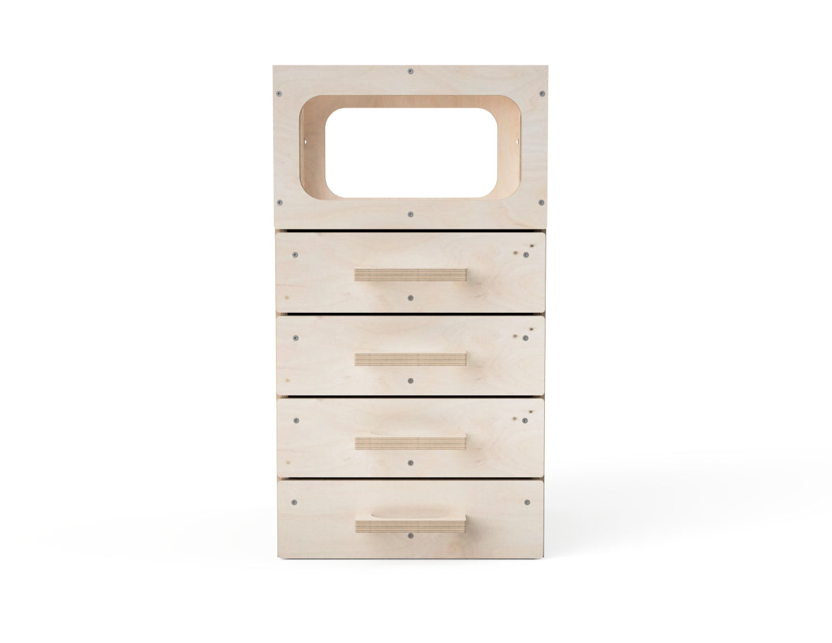 Functional workbench storage with four drawers and shelf