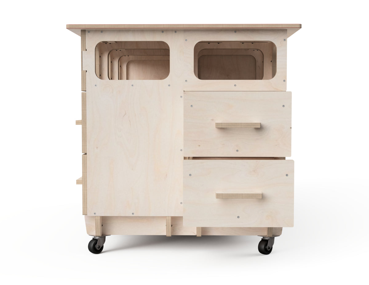 CNC plywood workbench attachment with easy-access open shelf