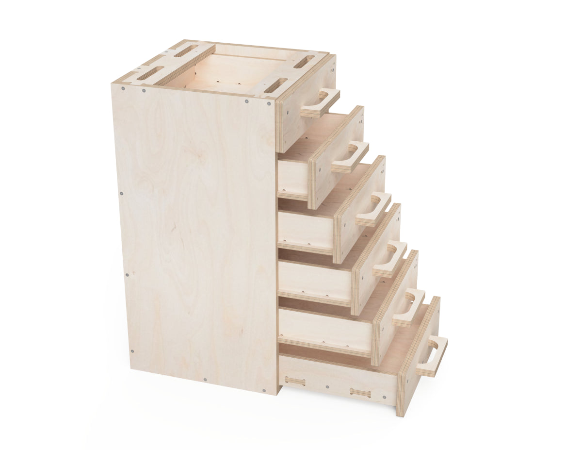 Six-drawer modular workbench attachment for CNC woodworking