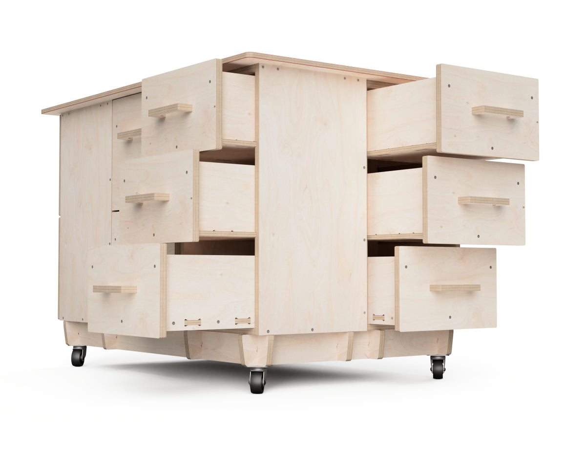 Modular workbench storage cabinet render showing drawers open