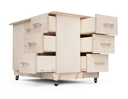 Modular workbench storage cabinet render showing drawers open