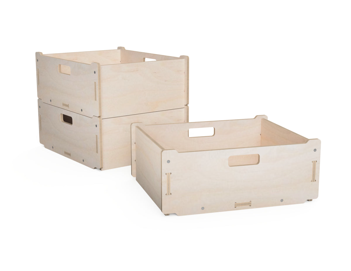 Simple plywood storage boxes stacked on top of each other