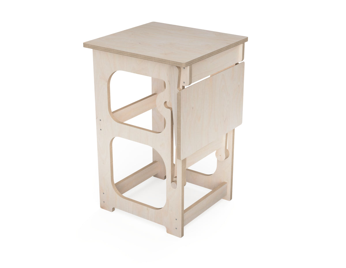 Expandable plywood table with folded extension tabletop in compact position
