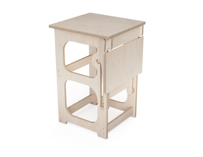 Expandable plywood table with folded extension tabletop in compact position