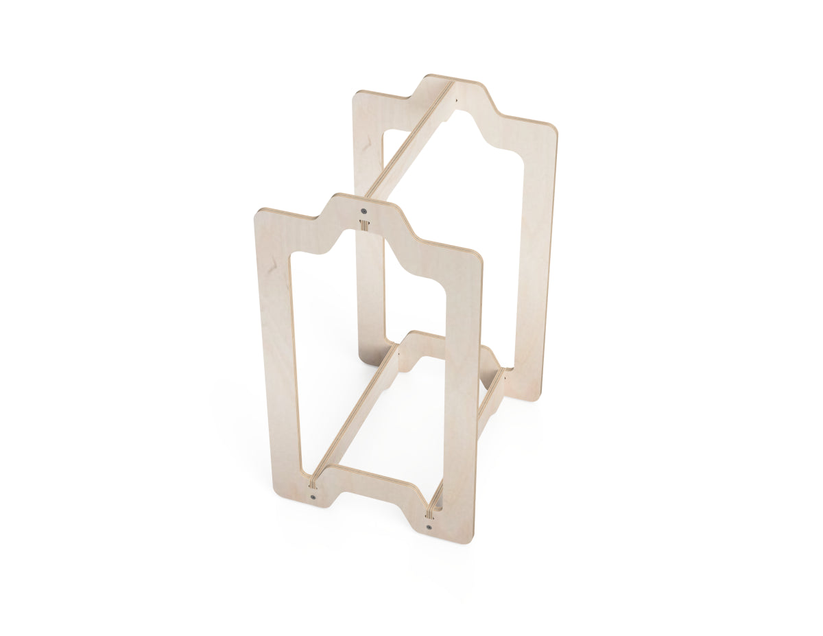 CNC-cut stackable firewood basket assembled from plywood, front angle view