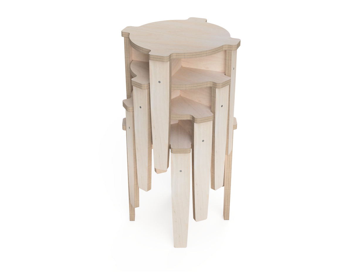 Multiple stackable wooden stools stored vertically