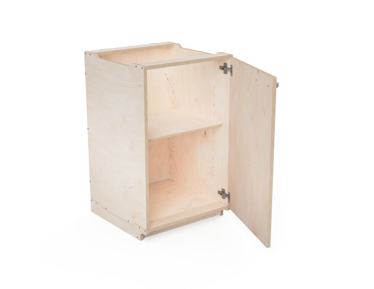 Cabinet module with open door displaying internal storage