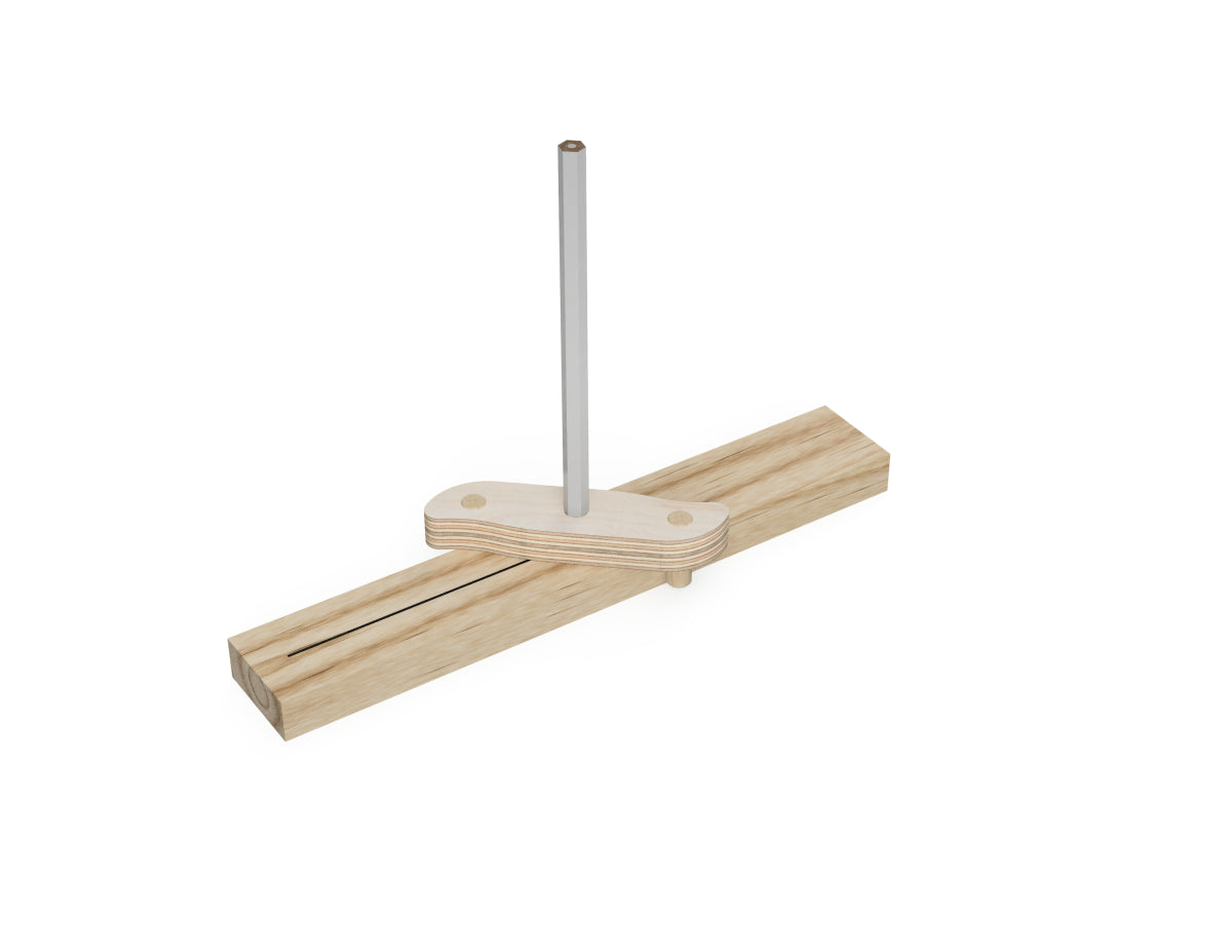 small jig made on a CNC router for marking center line on the workpiece - rendered image of jig in use