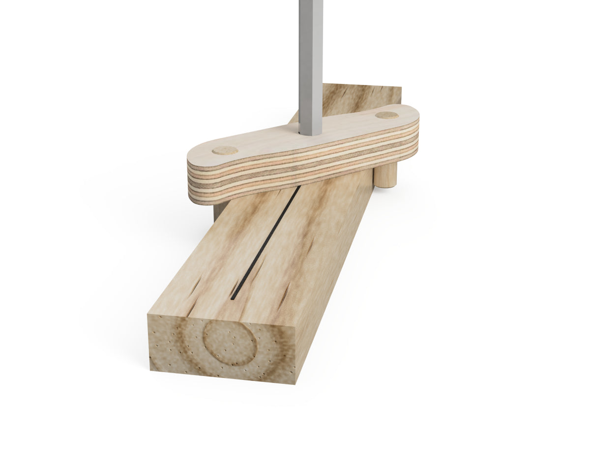 small jig made on a CNC router for marking center line on the workpiece - rendered image of jig in use