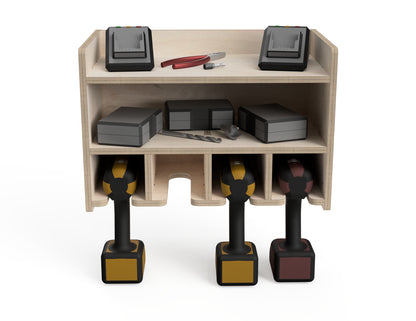 Rendered view of double shelf drill stand - french cleat attachment - layout from DXF file