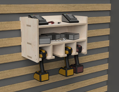 Detailed DXF drawing of double shelf drill stand - french cleat attachment - for CNC router