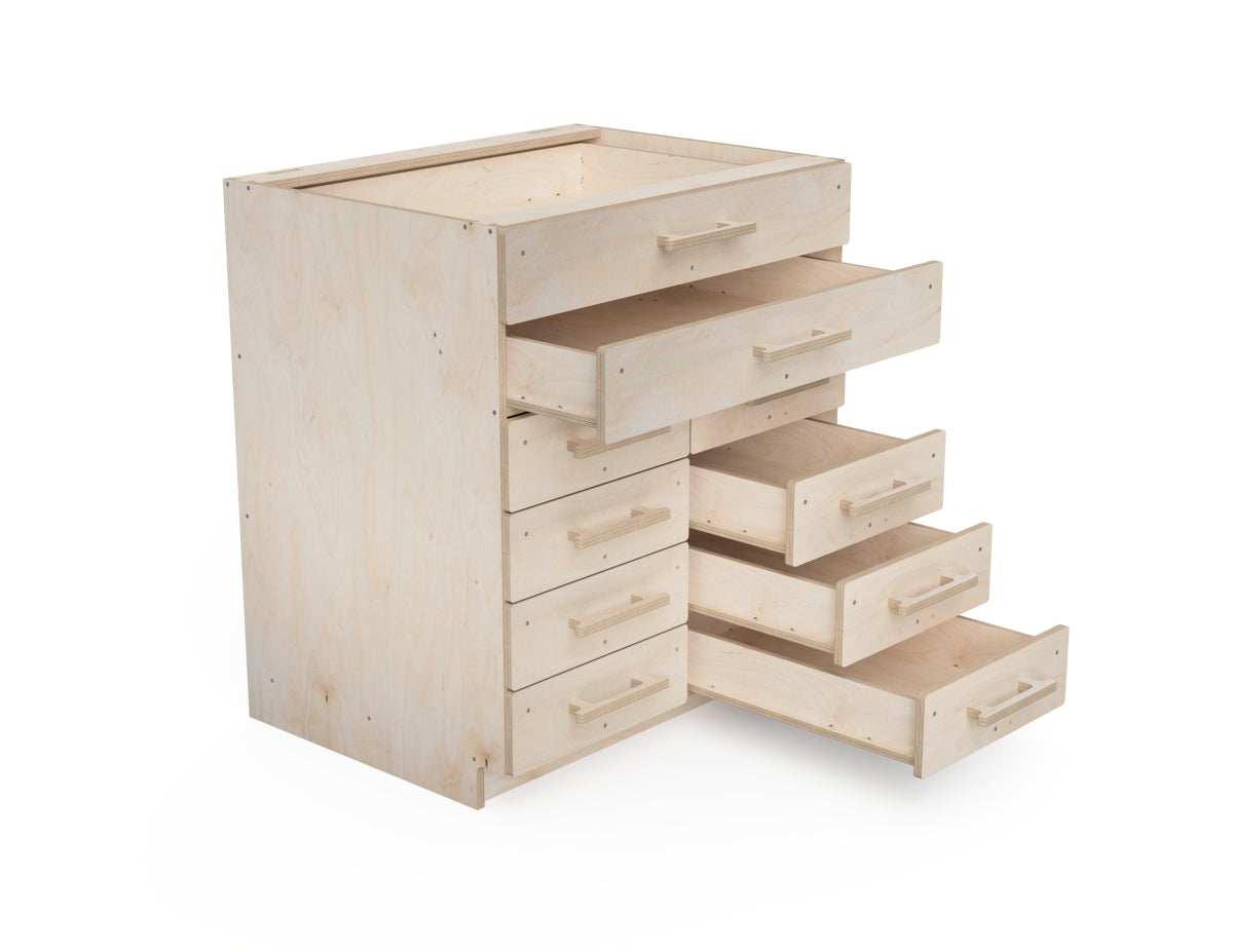 DIY plywood drawer cabinet for workshop use – double section design with a large pull-out drawer, CNC cut from included DXF files