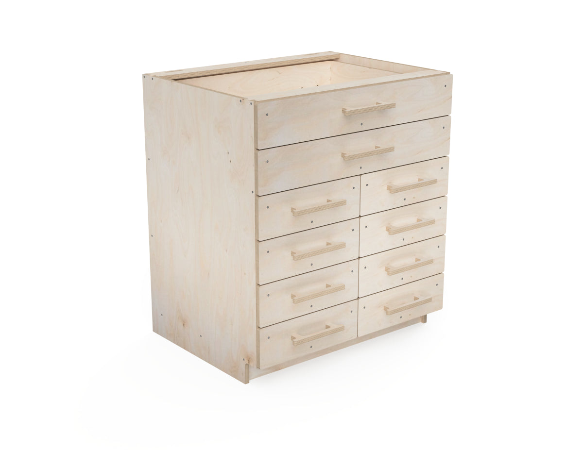 Rendered image of a CNC-cut double workshop drawer cabinet with one large drawer, made from plywood – DXF file project for DIY garage storage
