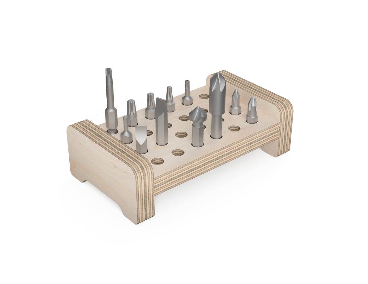 DIY plywood driver bit stand made with free CNC DXF files
