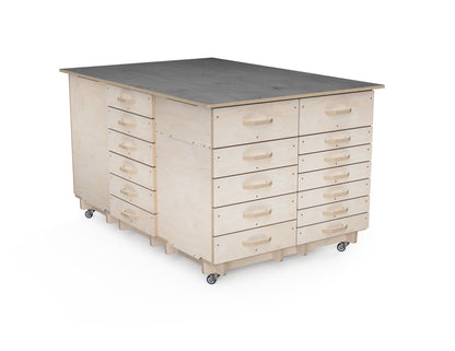 Rolling workshop cabinet base supporting six modular towers