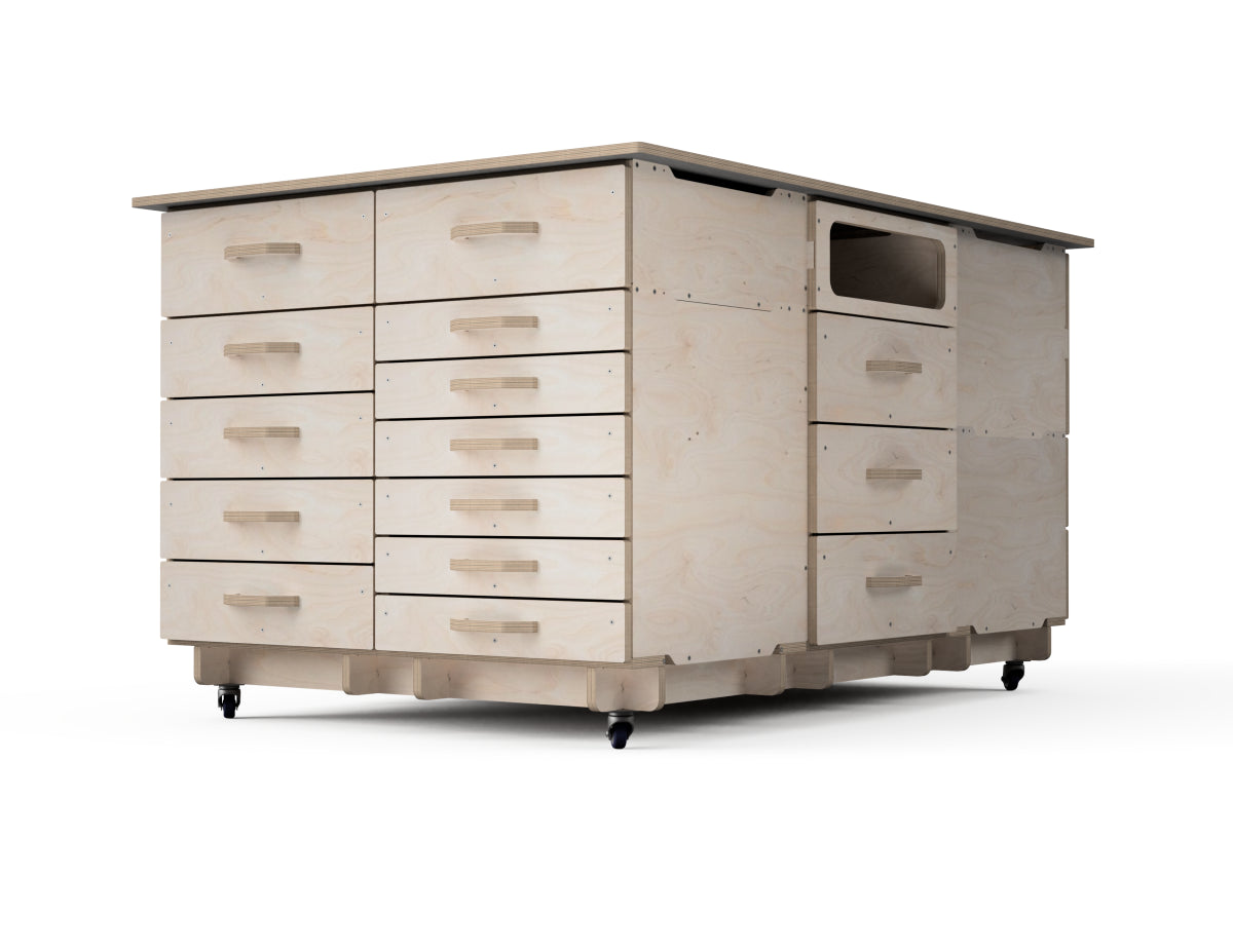 CNC cut rolling base for six modular cabinet towers