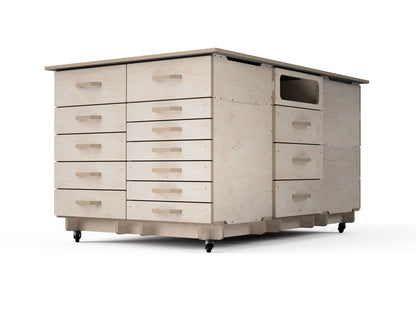 CNC cut rolling base for six modular cabinet towers