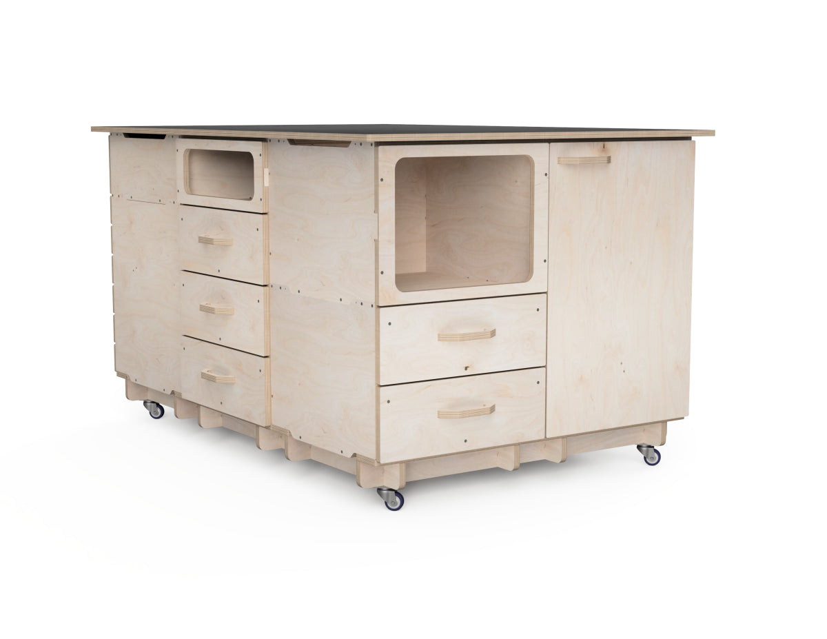 Modular cabinet system base layout for workshop organization