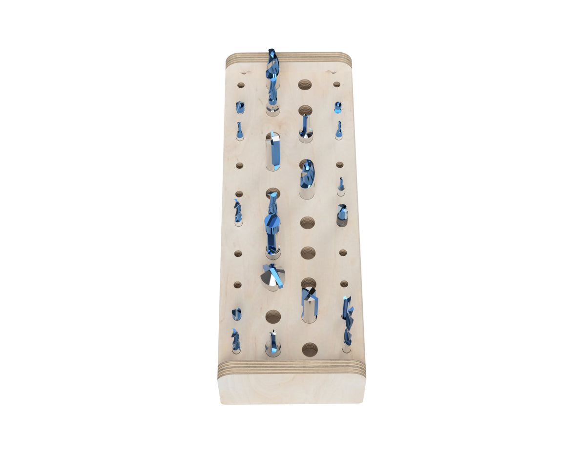 Rendered view of large router bit storage layout from DXF file