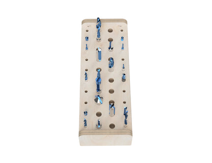 Rendered view of large router bit storage layout from DXF file