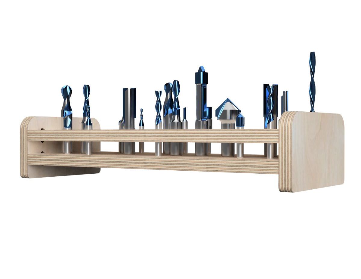 Large Router Bit Storage DXF file rendered from angled view for CNC cutting